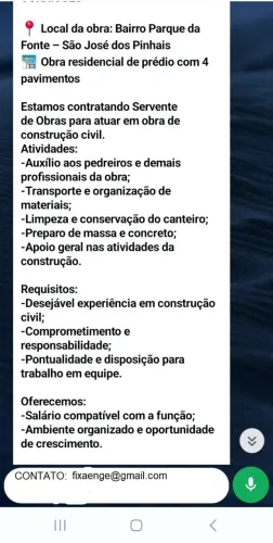 Servente de Obra de Construção Civil - Enviar Currículo - Prédio de 4 pavimentos.