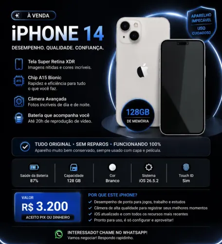 iPhone 14 Branco 128GB - Impecável | Tudo Original | Sem Reparos