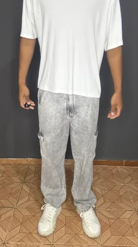 Calça Wide Leg Cargo Masculina Cinza