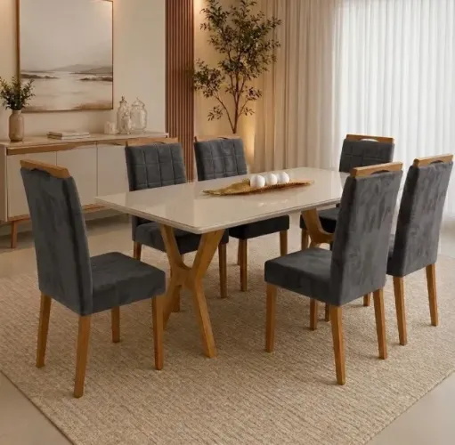 Conjunto Mesa de Jantar Ravena 180 com Vidro e 6 Cadeiras Veludo Grafite