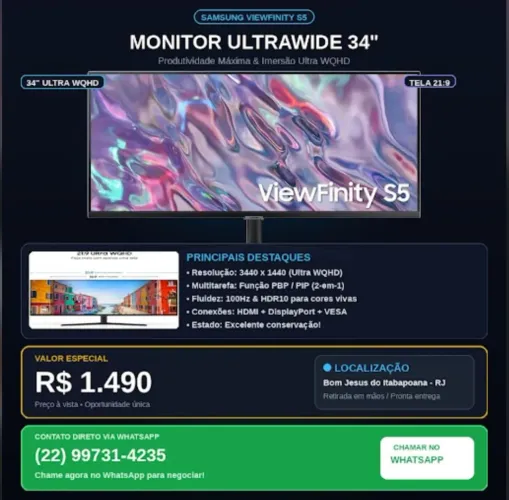Monitor ultrawide Samsung ViewFinity S5 34 polegadas