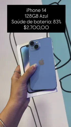 iPhone 14 / 128GB / Azul / Saúde de bateria 83% /R$ 2.700,00