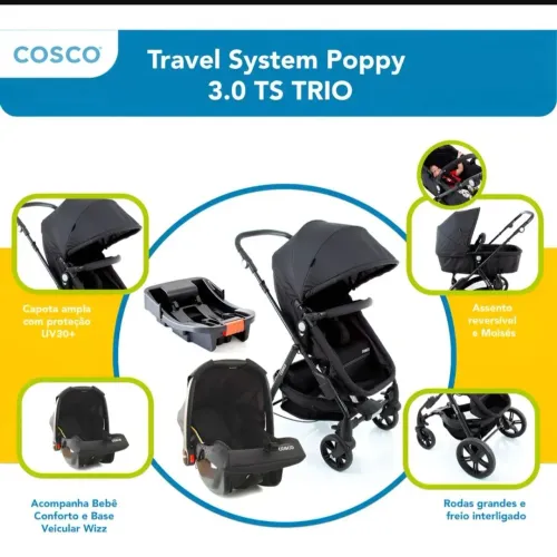 Carrinho, bebe conforto e base p carro. Travel System Cosco Kids, Poppy Trio, 0 a 15kg,