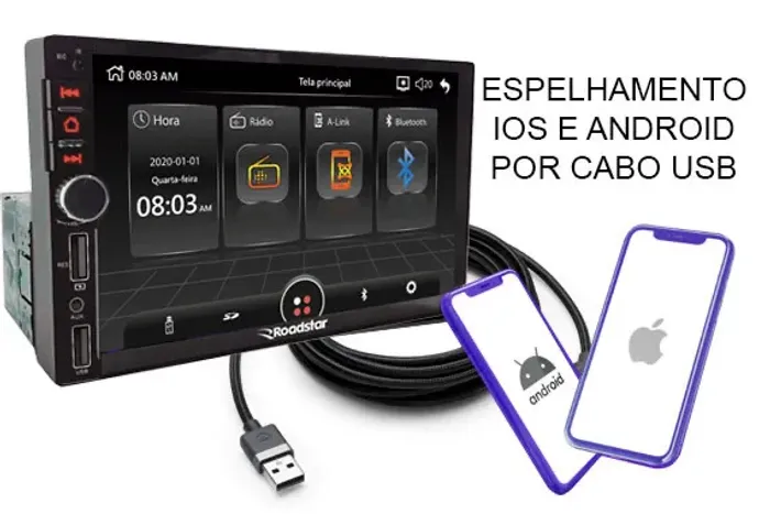 Central Multimídia Roadstar com Espelhamento 1 Din Universal 