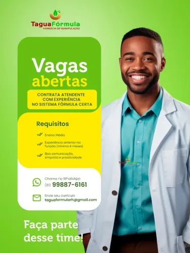 Taguafórmula Contrata Atendente Farmácia de Manipulação