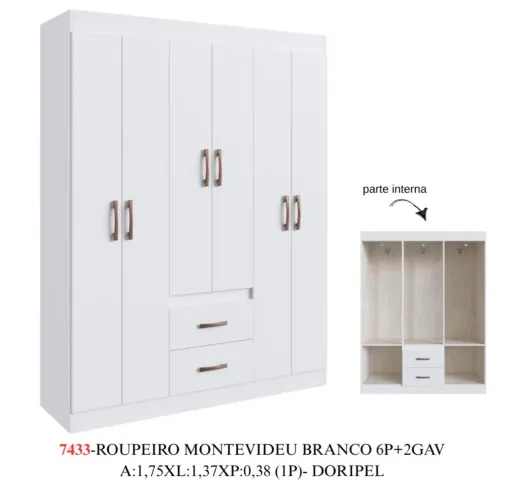 Guarda Roupa Solteirão Montevideu 6 Portas Novo de Fábrica Branco
