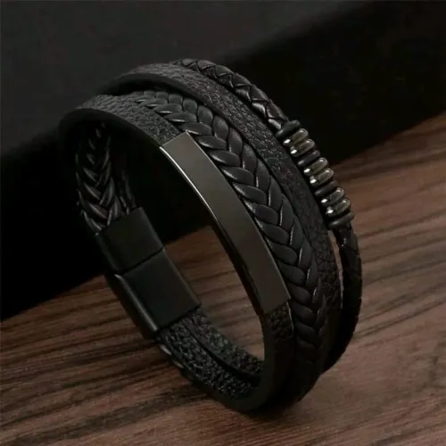 Pulseira Masculina Couro Trançado Preta