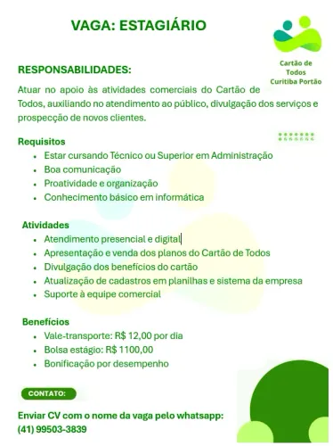 Estagiário Administrativo em Vendas; não precisa de experiência; seg a sex das 12 as 18h