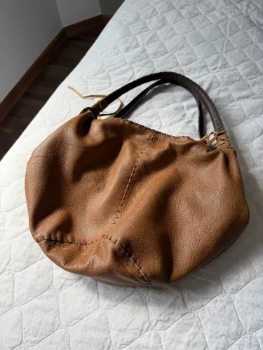 Bolsa Couro Legítimo Marrom Hobo Artesanal Grande 45cm