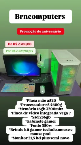 PC Gamer Completo Ryzen 5 16GB RAM SSD 256GB Monitor 21.5 Kit Gamer com Garantia
