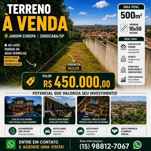 Terreno 500m² (10x50) | Jardim Europa | Excelente Localização | Sorocaba