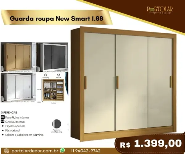 Guarda Roupa New Smart 1.88, a pronta entrega