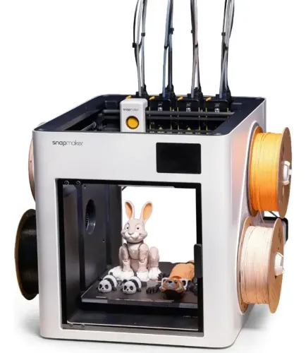 Impressora 3D branca Snapmaker U1 multicolor de 4 cabeças com detalhes em preto