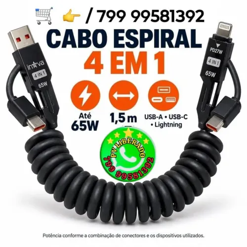 Cabo Power 65W espiral , tipo C-C , USB - C , fruti - C, 4em1