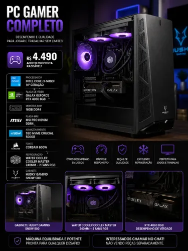 PC Gamer RTX 4060 + i3 14ª Geração - GTX 4060 - 16GB - NVMe - Water Cooler