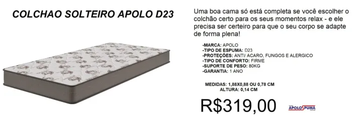 Colchão solteiro d23 apolo - a pronta entrega