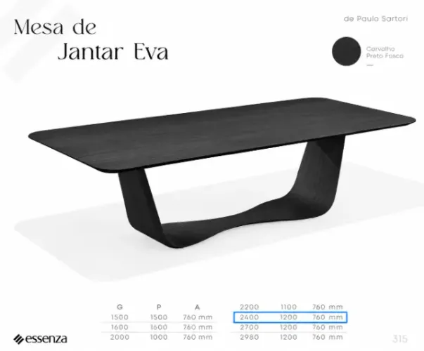 Tampo Mesa de Jantar Eva Essenza 2,40x1,20 Carvalho Preto - Novo (sem pé)