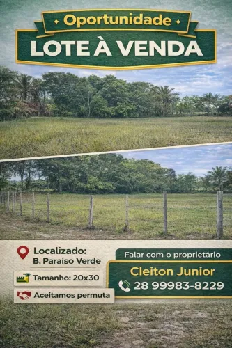 TERRENO AVENDA NO BAIRRO PARAÍSO VERDE EM EM ALCOBAÇA BA