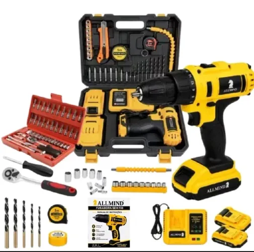 Kit furadeira de impacto parafusadeira 2 baterias profissional e Maleta soquete