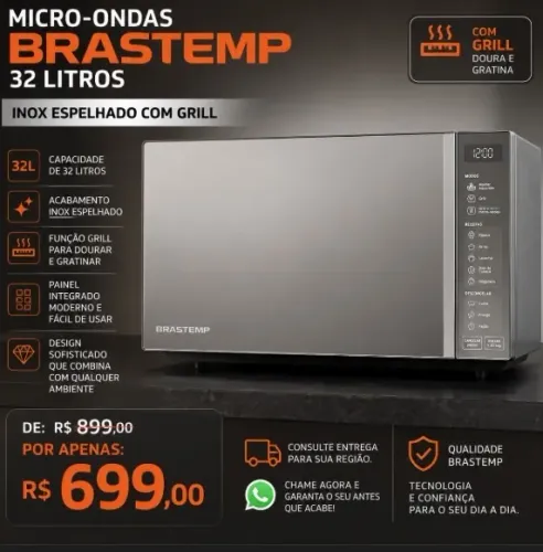 MICRO-ONDAS BRASTEMP 32L INOX ESPELHADO COM GRILL