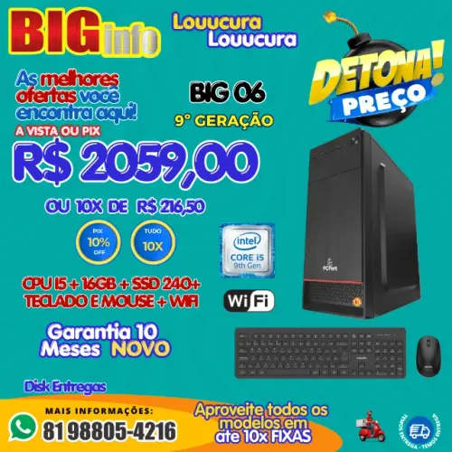 Computador BIG Intel Core I5 9º Geracao 16gb Ssd 240gb- Em ate 10x Fixas