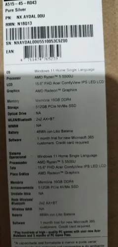 Notebook Acer novo