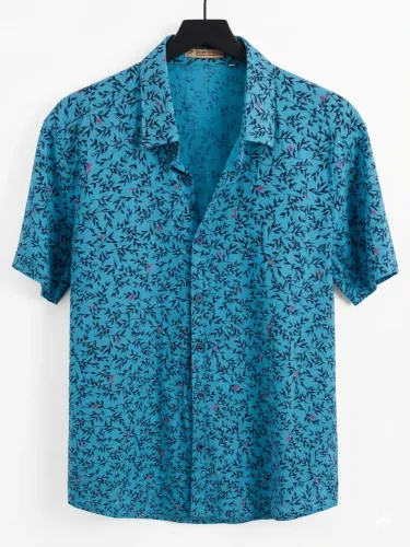 Camisa Masculina Manga Curta Estampada - Azul Clara Casual