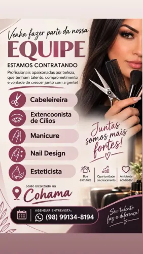 Estamos contratando. Cabeleireira,manicure, extencoonista,nail design, esteticista.