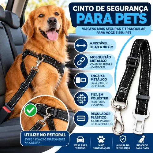 Cinto De Segurança Para Cachorro Pet Veicular 40 A 90cm Cor Preta