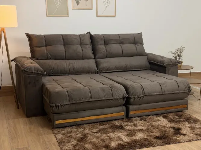 Sofá Retrátil Reclinável Porto Belo Molas Ensacadas D33 2.50m - Marrom Veludo l54