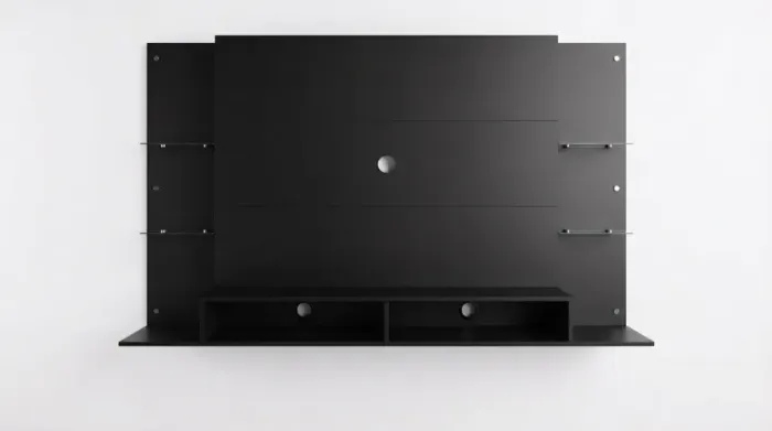 Painel / Rack Suspenso para TV Preto com Prateleiras de Vidro