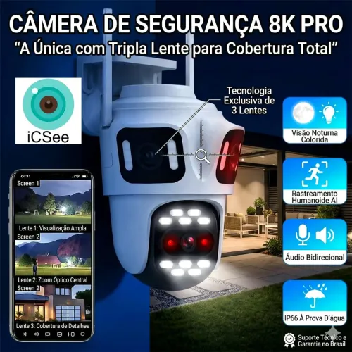Câmera De Segurança 3 Lentes Wi-Fi 8K Full HD 360°. Com Sirene Visão Noturna Externa.