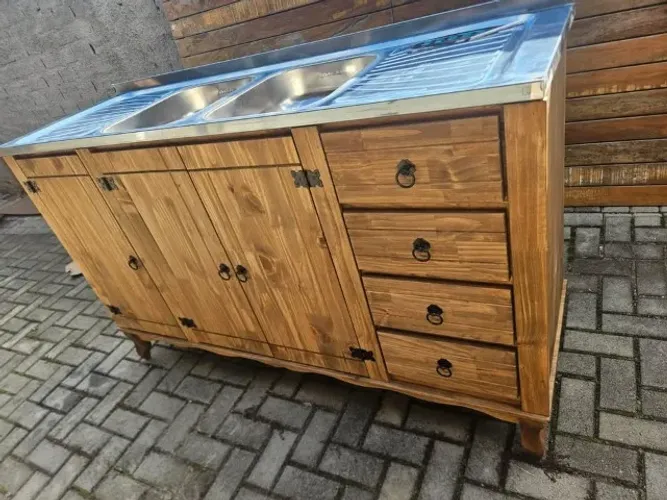 Balcão De Pia Madeira, Com Pés Luiz XV + Cuba Inox Dupla