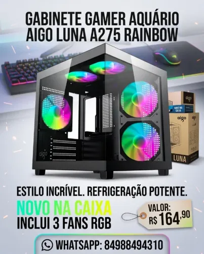 Gabinete Gamer Aquário Aigo Luna A275 Rainbow Mini-Tower Lateral/Vidro C/3 Fans Preto AC-A