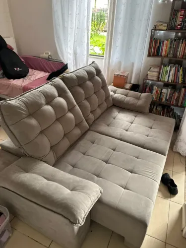 Sofá Retrátil e Reclinável Bege/Cinza - Aconchegante