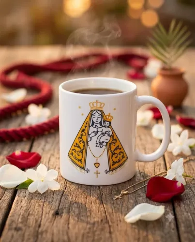 CANECA 300ml EM PORCELANA PREMIUM COM IMAGEM DA SANTA NOSSA SENHORA NAZARÉ NA CAIXINHA