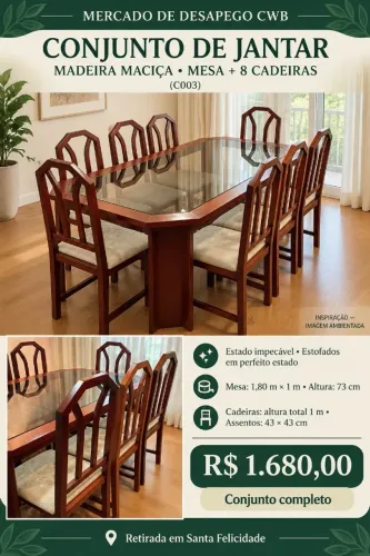 CONJUNTO DE JANTAR EM MADEIRA MACIÇA ? MESA COM 8 CADEIRAS (C003)