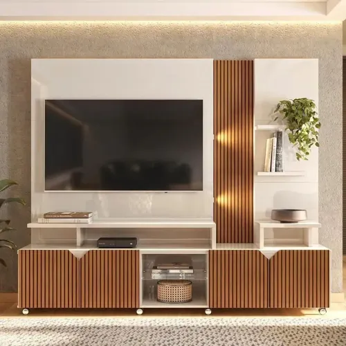 Estante Home Tv Até 55 Polegadas Impressão Ripada Cross Lukaliam Off White / Tauari <br>