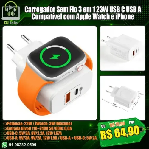 Carregador Sem Fio 3 em 1 23W USB C USB A Compatível com Apple Watch e iPhone