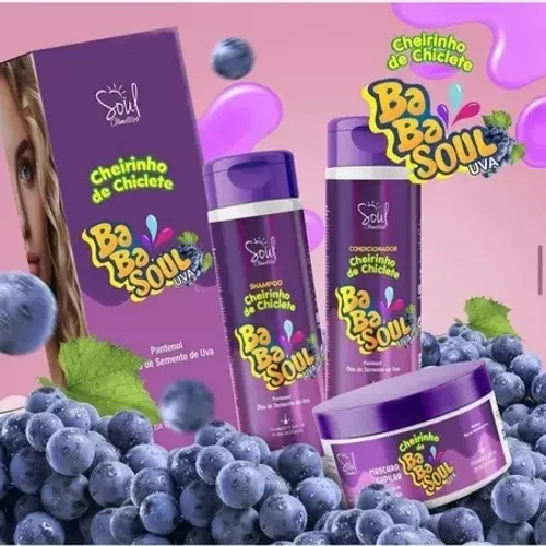 Kit Capilar 03 Produtos Cheirinho de Chiclete BabaSoul Uva (Shampoo 300ml+ Condicionador 3