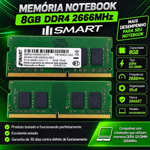 Memória Notebook 8GB DDR4 2666MHz SMART<br>Preço: R$ 200,00 cada