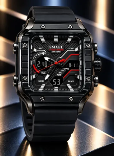 Relógio de pulso Smael Quadrado Ana-Digi All Black Silicone PROVA D'ÁGUA Novo