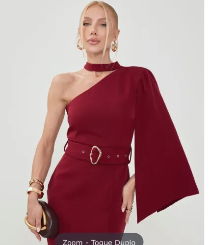 Vestido festa elegante midi vinho um ombro só alfaiataria