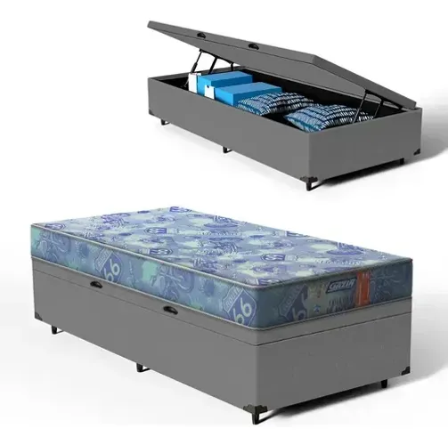 cama base baú solteiro cinza + colchão D20 solteiro