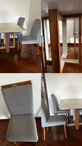 Mesa de jantar com 4 cadeiras e tampo de vidro laqueado