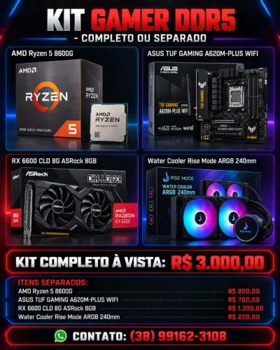 Kit Gamer AM5 DDR5 Processador Ryzen 5 8600G + ASUS A620M-PLUS + RX6600 Asrock 8GB