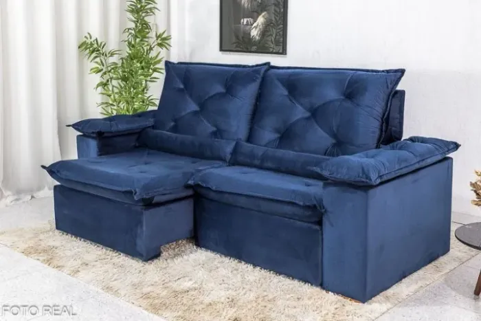 Sofá Retrátil Reclinável 2.00m Roma Veludo Azul Frete Grátis - Até 12x S/ Juros