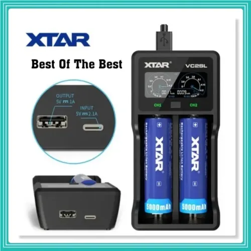Carregador XTAR Porta USB tipo C. XTAR VC2SL Li-Íon 18650-26650-AA-AAA