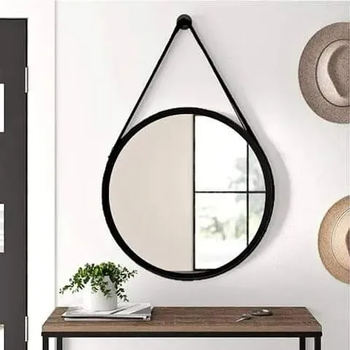 Espelho Redondo 41cm Com Alça De Couro - Preto,Marrom,Dourado