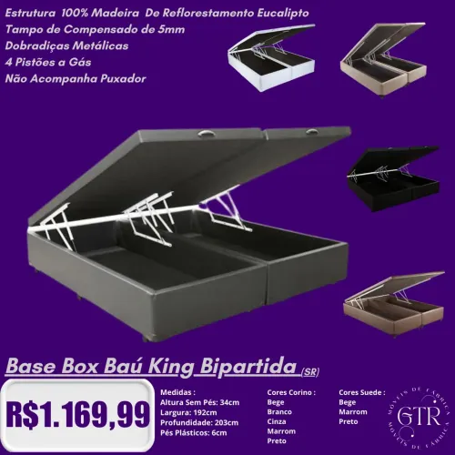 Base Box Baú King Bipartida 100% Madeira de Reflorestamento